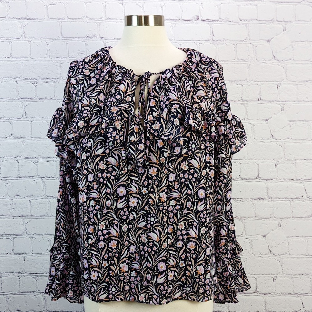 J.Crew Top Womens Medium Navy Floral BL047 Ruffle Chiffon Long Sleeve Blouse